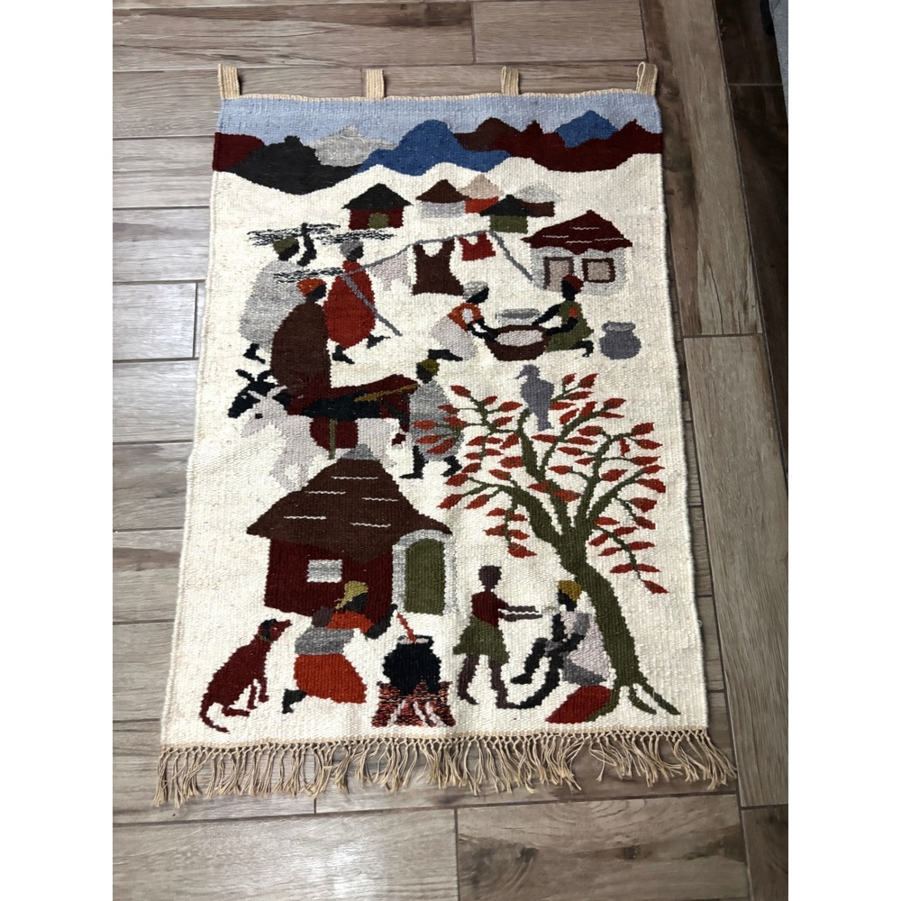 Vtg Hand Hooked Folk Art Wall‎ Rug Village Scene Wool Tapestry 50x34 Primitive